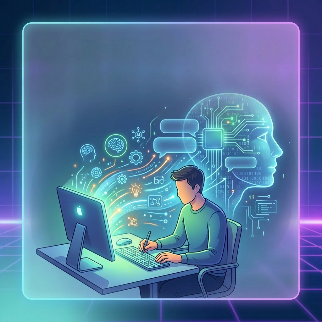Guide to writing AI prompts professionally with a person using computer and AI graphics