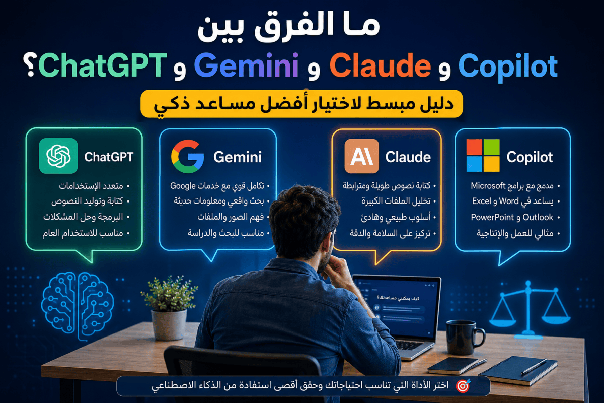 ما الفرق بين ChatGPT وGemini وClaude وCopilot؟ دليل مبسط لاختيار أفضل مساعد&nbsp;ذكي