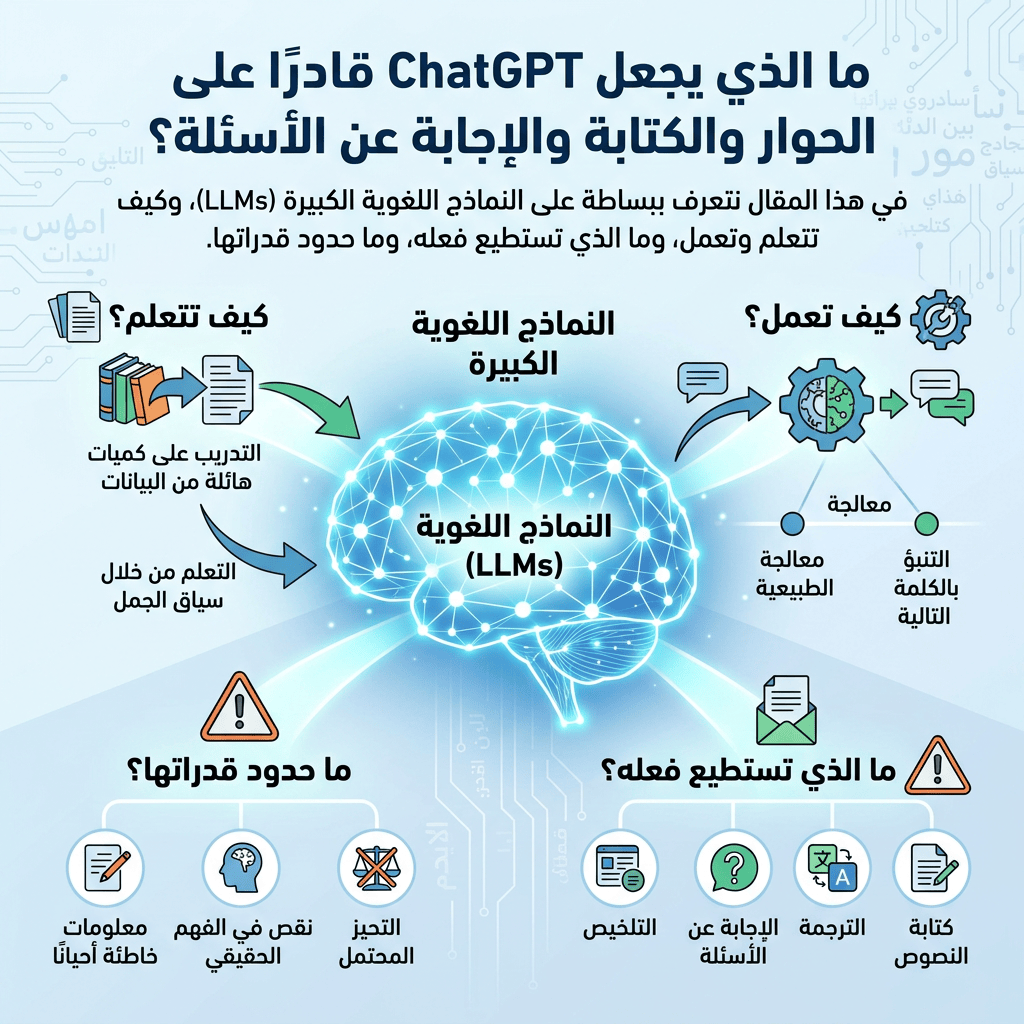 إنفوجرافيك عربي يشرح تعلم النماذج اللغوية الكبيرة وعملها وقدراتها وحدودها
